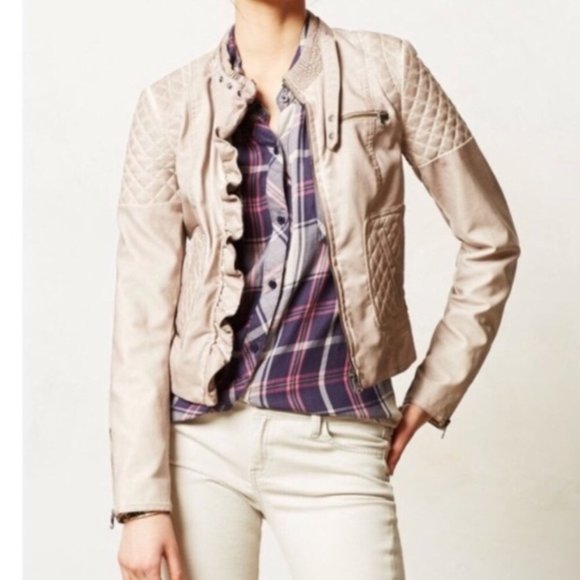 Anthropologie Jackets & Blazers - Anthro Elevenses mauve ruffle leather moto jacket